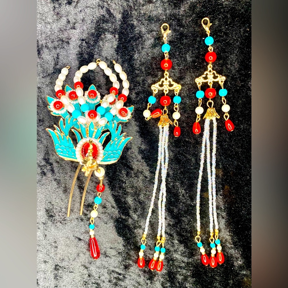 VTG Wedding Dragon Hairpins Chinese Headdress Beaded Earrings Hanfu Accessories